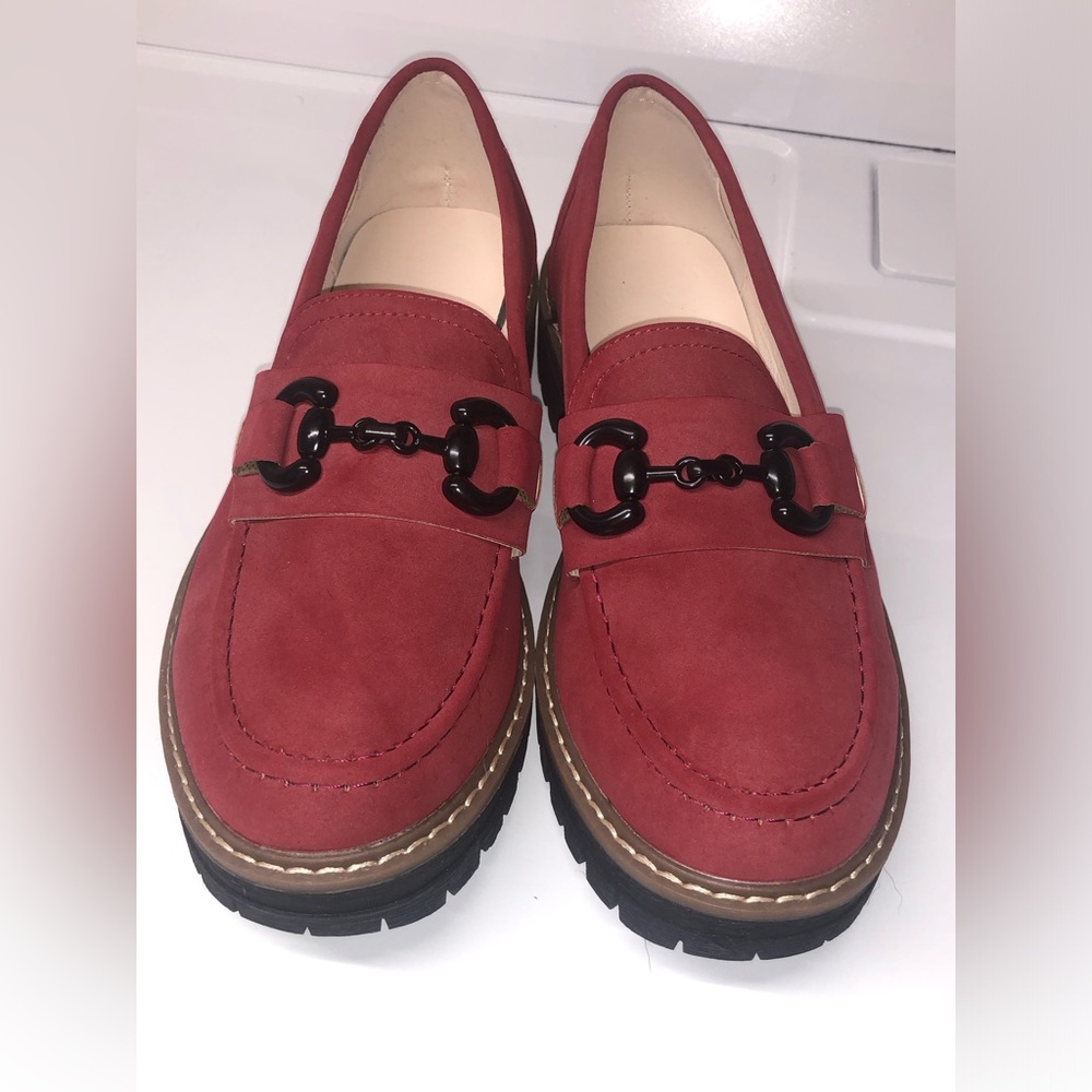 Women’s Red Suede Loafers with Black Metal Bit